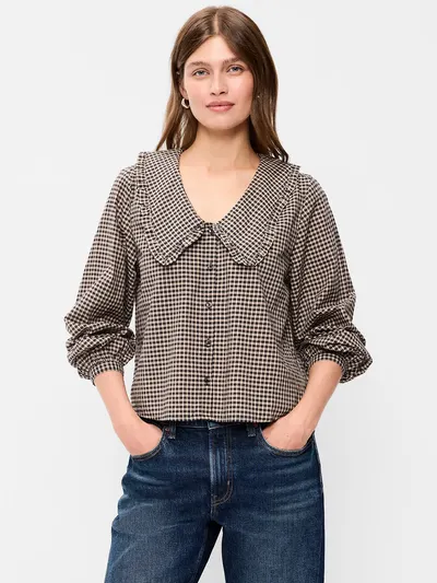 Long-Sleeve Statement Collar Button-Front Top - Brown Plaid