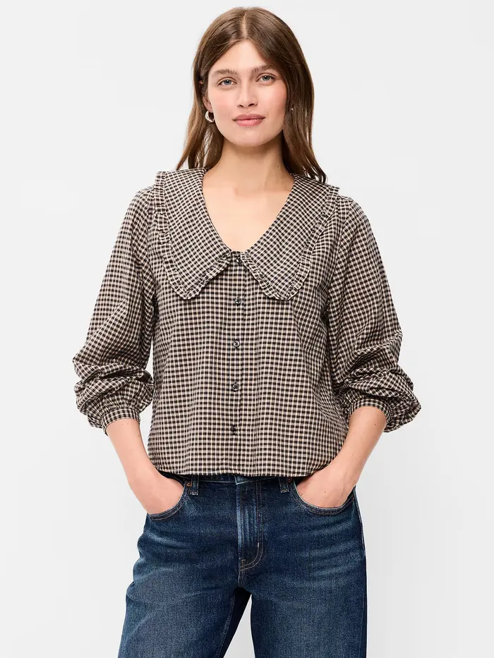 Long-Sleeve Statement Collar Button-Front Top - Brown Plaid