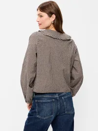 Long-Sleeve Statement Collar Button-Front Top - Brown Plaid — view 2