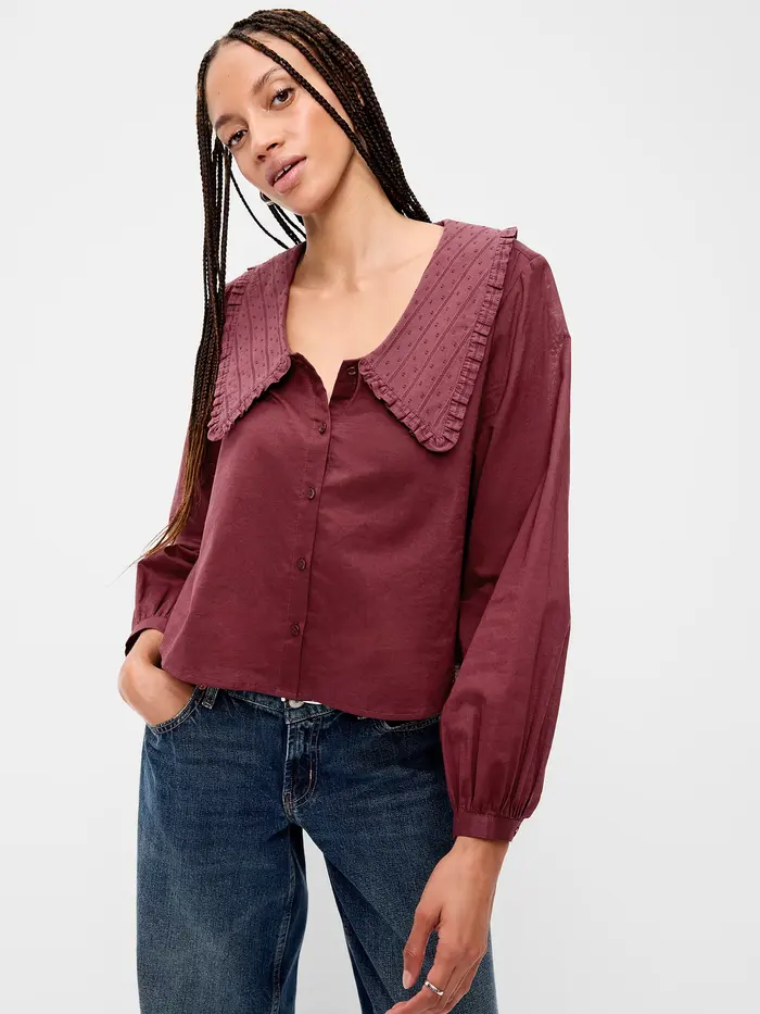Long-Sleeve Statement Collar Button-Front Top - Reddy Or Not