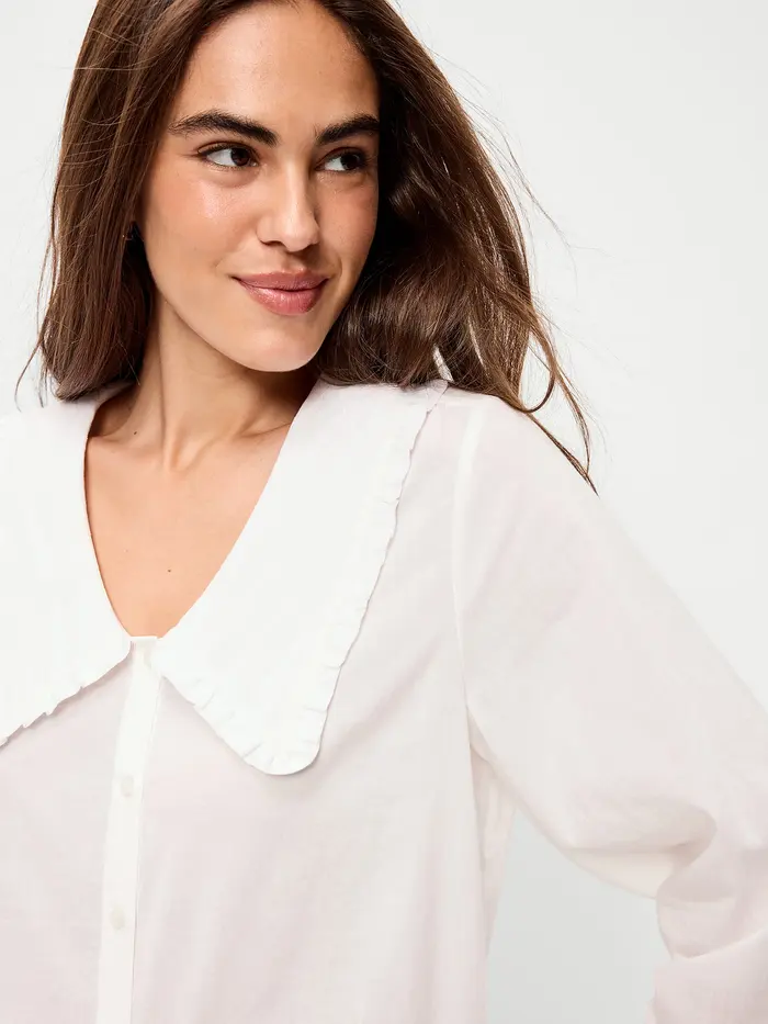 Long-Sleeve Statement Collar Button-Front Top - White Lilies