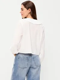 Long-Sleeve Statement Collar Button-Front Top - White Lilies — view 2