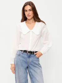 Long-Sleeve Statement Collar Button-Front Top - White Lilies — view 4