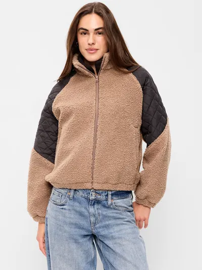 Loose Sherpa Mixed-Media Pullover - Taupe