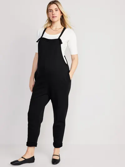 Maternity Knotted-Strap Fleece Overalls - Black Jack