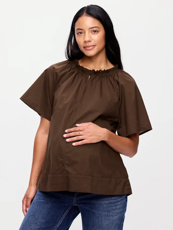 Maternity Ruffle-Collar Popover Top - Earthen