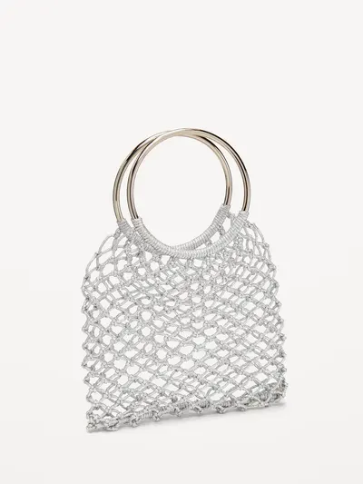 Metallic Crochet Ring Handle Bag - Silvery Silver