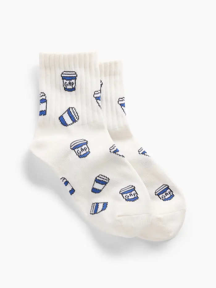 NYC Icon Print Half Crew Socks - Coffee cups navy