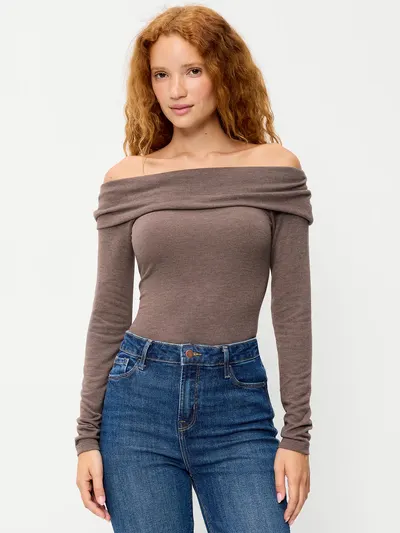 Off-The-Shoulder Long-Sleeve Fitted Top - Earthen