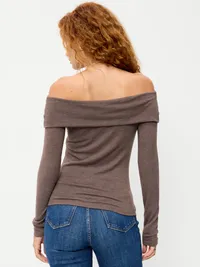 Off-The-Shoulder Long-Sleeve Fitted Top - Earthen — view 2
