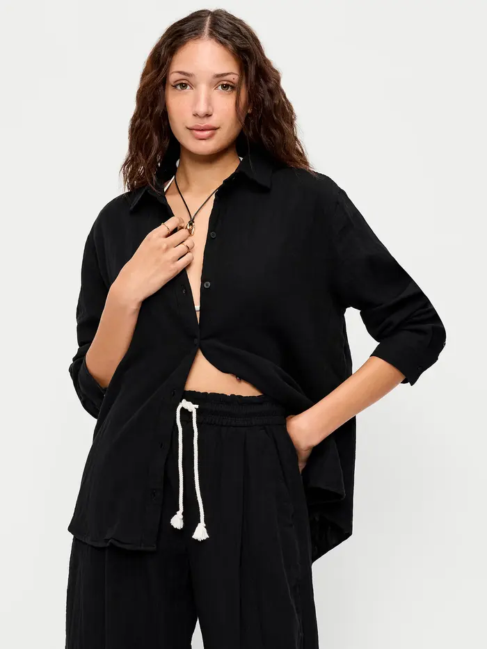 Open-Back Crinkle Gauze Button-Down Shirt - Black Jack