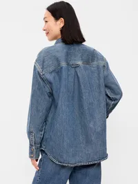 Oversized Boyfriend Button-Down Jean Shirt - Medium Wash — view 2