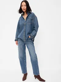 Oversized Boyfriend Button-Down Jean Shirt - Medium Wash — view 3