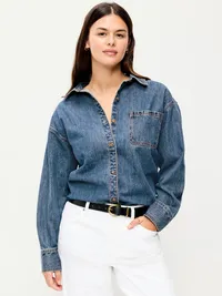 Oversized Boyfriend Button-Down Jean Shirt - Medium Wash — view 5