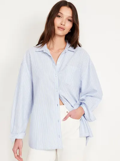 Oversized Button-Down Boyfriend Shirt - Blue Stripe