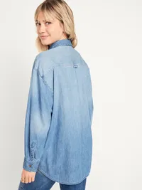 Oversized Button-Down Boyfriend Shirt - Medium Wash — view 2