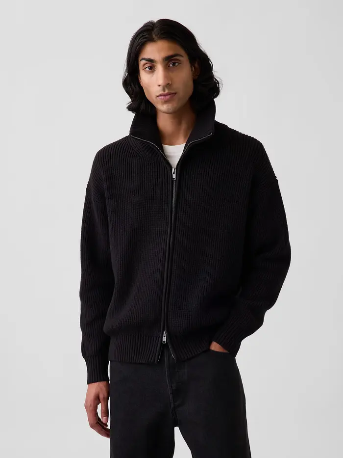 Oversized Double-Zip Cardigan Sweater - True black