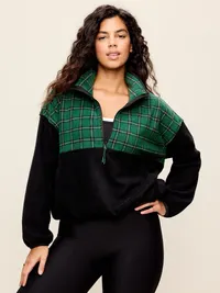 Oversized Half-Zip Performance Fleece Pullover - Medium Green Plaid — view 5
