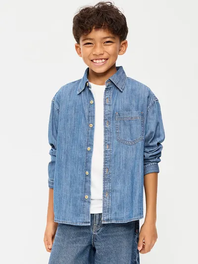 Oversized Long-Sleeve Denim Shirt for Boys - Medium Wash