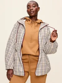 Oversized Rounded-Sleeve Anorak - Cream Plaid — view 5