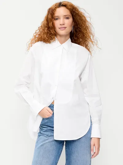 Oversized Tuxedo-Front Button-Down Shirt - White Lilies