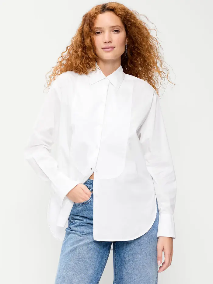 Oversized Tuxedo-Front Button-Down Shirt - White Lilies