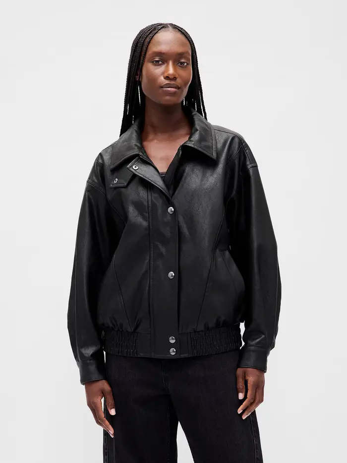 Oversized Vegan Leather Jacket - True black