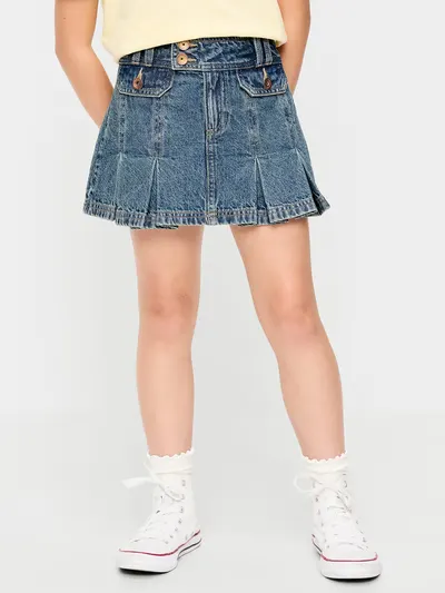 Pleated Utility Denim Skirt for Girls - Light Wash