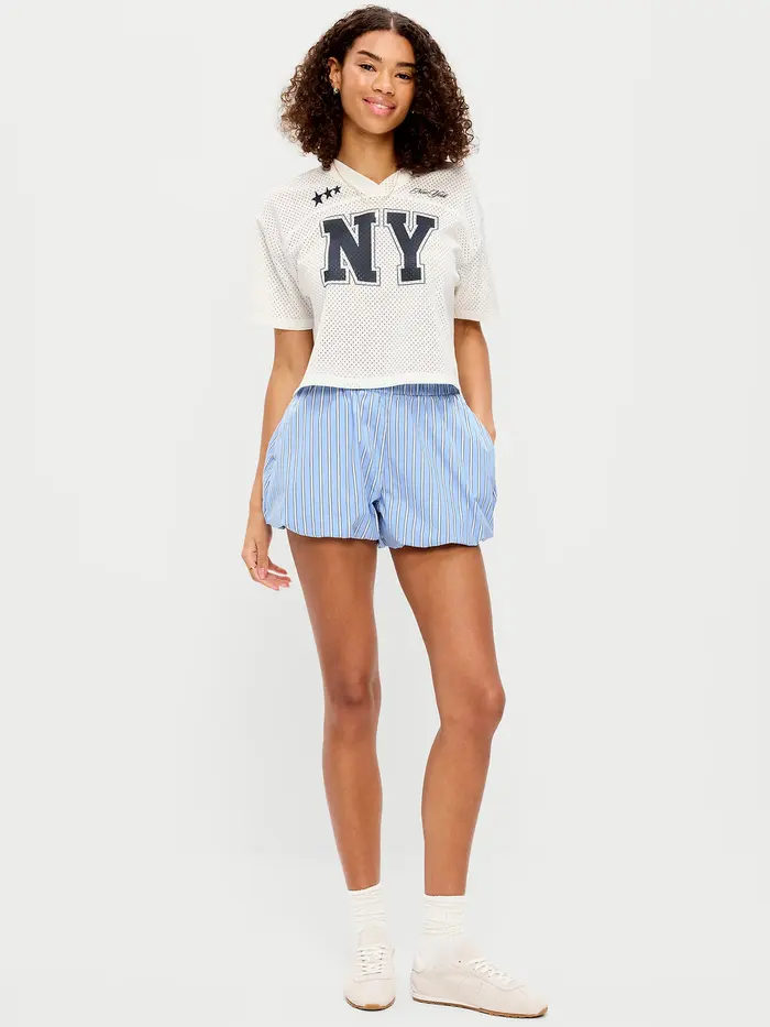 Poplin Bubble Hem Shorts - Blue Stripe