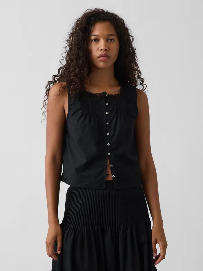 Poplin Pintuck Shell Top - Black