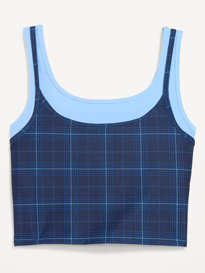 PowerSoft Layered Longline Bra - Blue/Gray Plaid