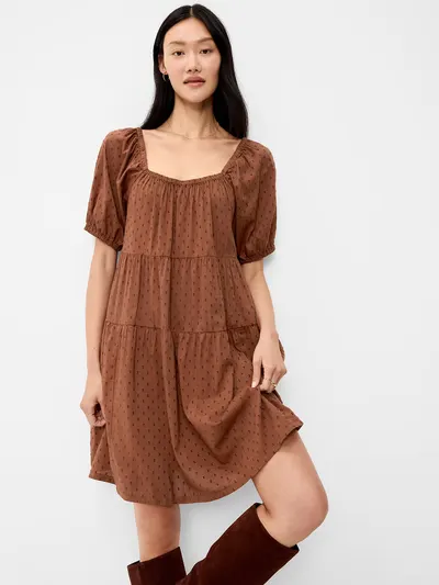 Puff-Sleeve Swing Mini Dress - Coco de mer