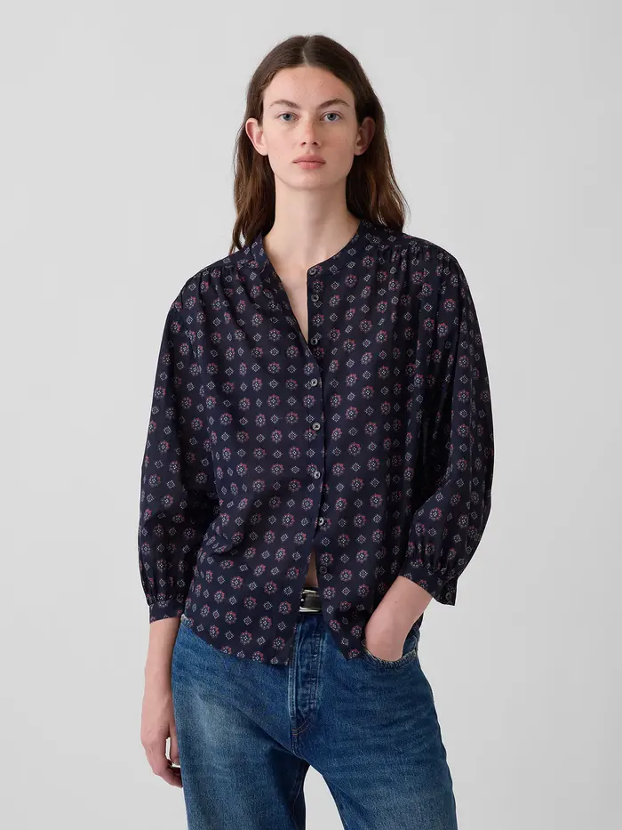 Relaxed Button-Front Shirt - Navy blue print