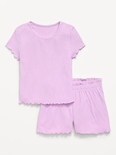 Ribbed Lettuce-Edge Pajama Top and Shorts Set for Girls - Clary Sage