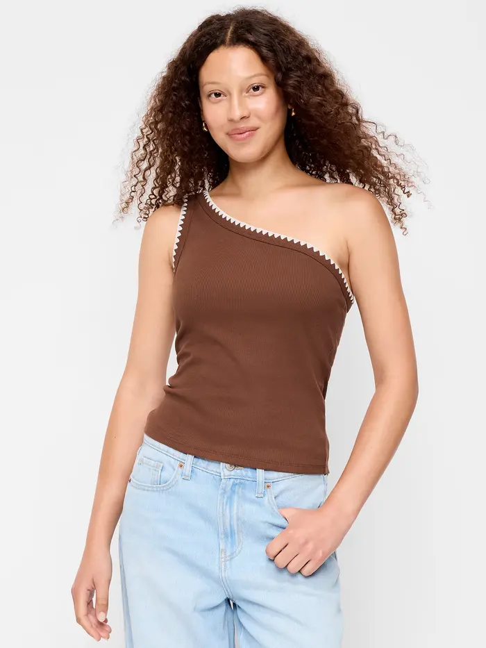 Ribbed One-Shoulder Tank Top - Coco de mer