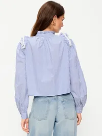 Ruffle Bib Button-Down Shirt - Blue — view 2