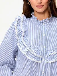 Ruffle Bib Button-Down Shirt - Blue — view 4
