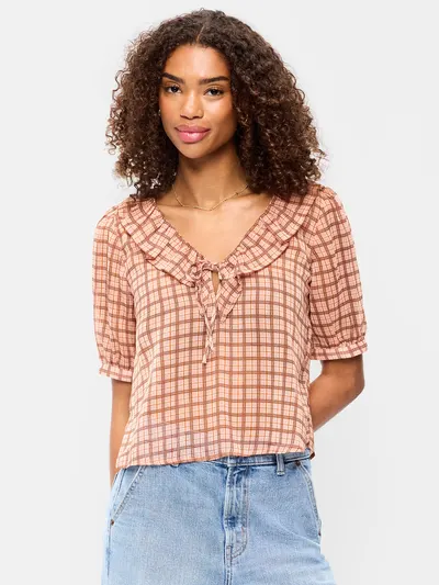 Ruffle Collar Tie-Front Chiffon Top - Pink Plaid