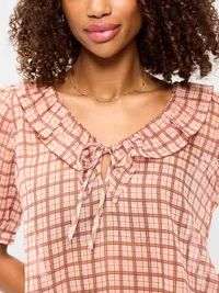 Ruffle Collar Tie-Front Chiffon Top - Pink Plaid — view 4