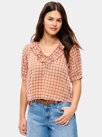Ruffle Collar Tie-Front Chiffon Top - Pink Plaid — view 5
