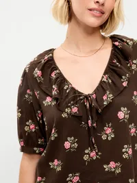 Ruffle Collar Tie-Front Top - Brown Floral — view 4