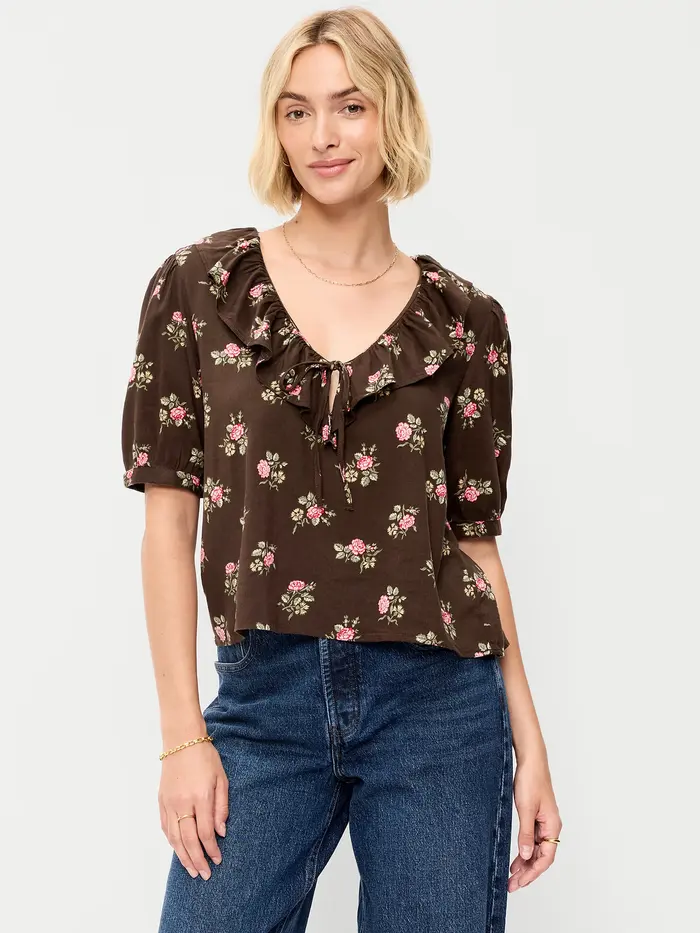 Ruffle Collar Tie-Front Top - Brown Floral