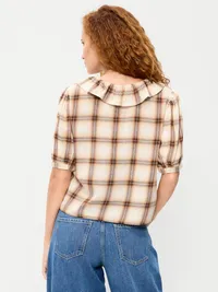 Ruffle Collar Tie-Front Top - Brown Plaid — view 2