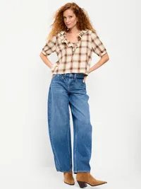 Ruffle Collar Tie-Front Top - Brown Plaid — view 3