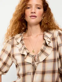 Ruffle Collar Tie-Front Top - Brown Plaid — view 4