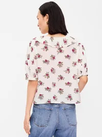 Ruffle Collar Tie-Front Top - White Floral — view 2