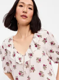 Ruffle Collar Tie-Front Top - White Floral — view 4
