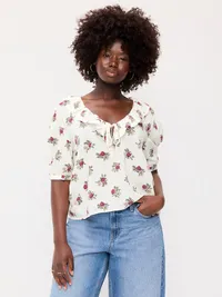 Ruffle Collar Tie-Front Top - White Floral — view 5