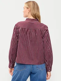 Ruffle-Front Button-Down Shirt - Burgundy Stripe — view 3