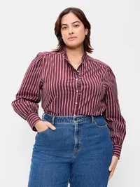 Ruffle-Front Button-Down Shirt - Burgundy Stripe — view 4